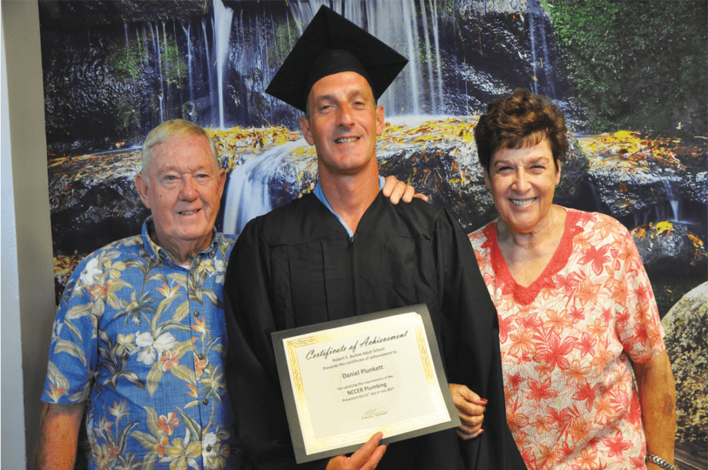 Father Kelly with graduate Danny Plunkett and mother Judy