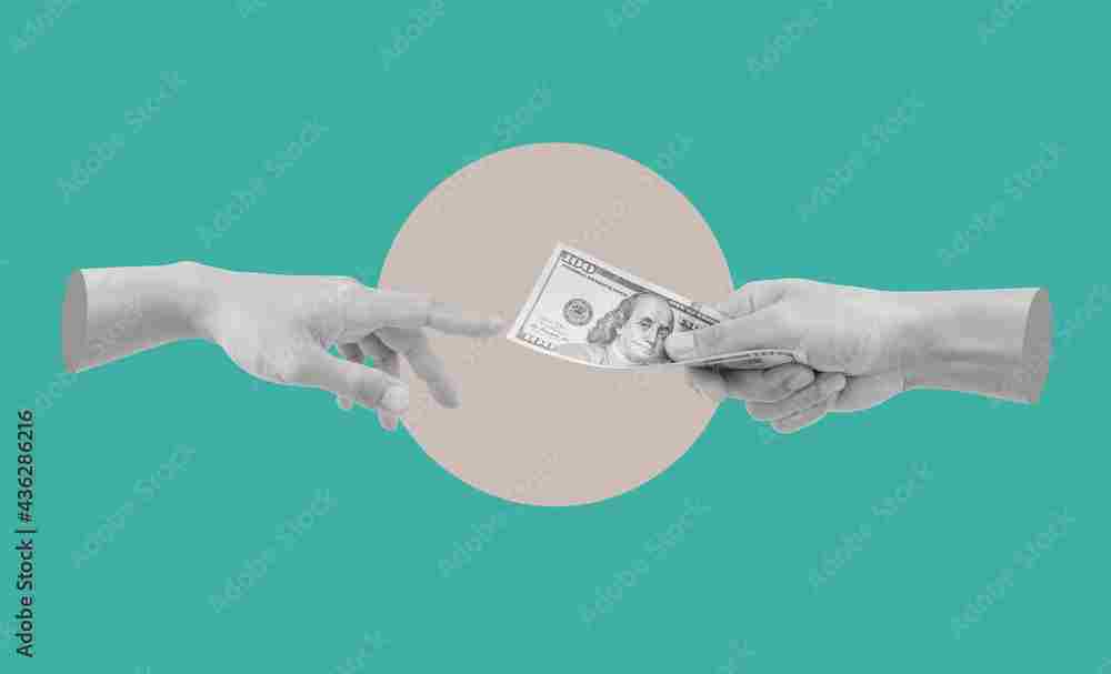 Digital collage modern art. Hand giving and receiving money