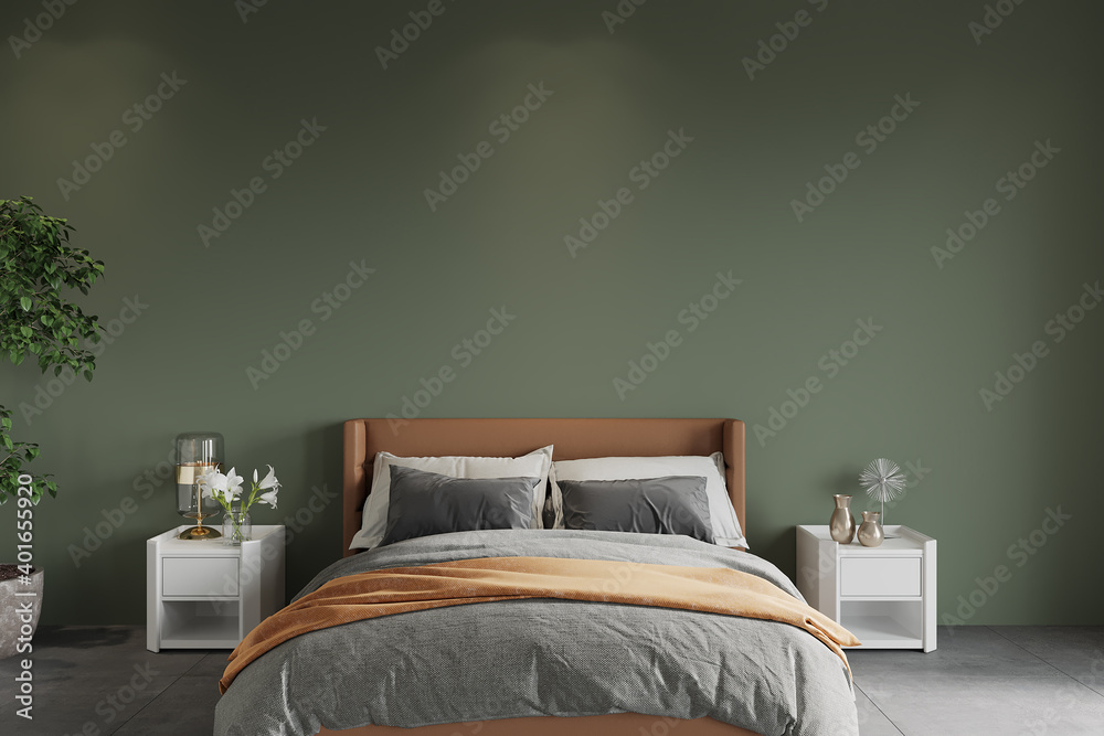 bedroom with bed in front of the green wall, 3d render