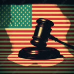 a court gavel in front of the American flag with cannabis shadows on a wooden table. Illustration illustrating the pardons for federal marijuana possession convictions. Generative AI