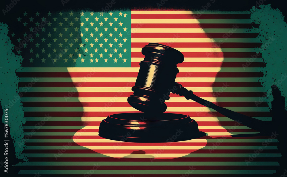 a court gavel in front of the American flag with cannabis shadows on a wooden table. Illustration illustrating the pardons for federal marijuana possession convictions. Generative AI
