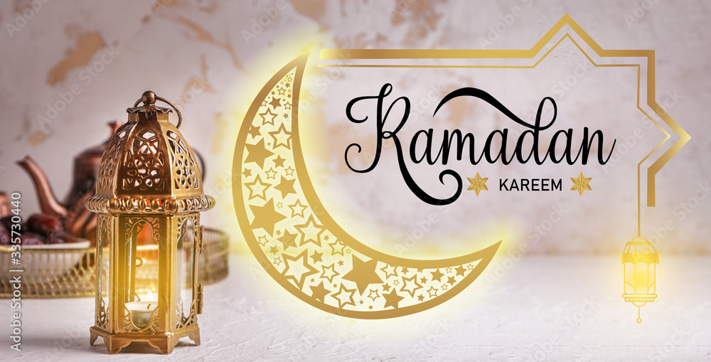 Muslim lamp and text RAMADAN KAREEM on light background
