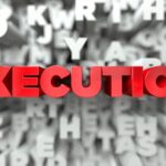 EXECUTION -  Red text on typography background - 3D rendered royalty free stock image. This image can be used for an online website banner ad or a print postcard.