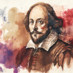 William Shakespeare watercolour painting of the famous English Elizabethan playwright and bard from Stratford Upon Avon born in the 16th century, computer Generative AI stock illustration image