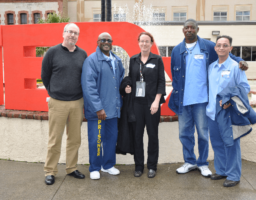 Delia Cohen (middle) with from left to right: Neal Barsky of The Marshall Project, Sam Johnson, San Quentin Men's Advisory Councel, Darnell Washington and David Le, all speakers in San Quentin's first TEDx event.