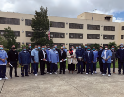 High-ranking members of the San Francisco Police Department’s leadership meet with prisoners at San Quentin State Prison. The purpose of the prison’s law enforcement forums is to open a dialog on criminal justice, with the goal of improving police practices and facilitating the rehabilitation of the incarcerated.