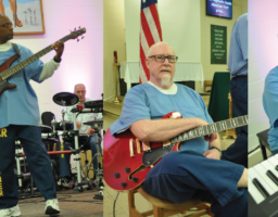 Darryl Farris (left,
foreground) digs deep
on the bass during a 2018
music event, with Alan Brown
on guitar and Joe Thurson
on drums (background)
and Rico Rogers (far right)
on keyboards. Many San
Quentans fondly remember
the incredible guitar prowess
of Chris “Colonel Crispy”
Koppe (center), who sadly
passed away in 2019. Sleep
peacefully, old friend.